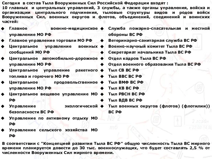 Сегодня в состав Тыла Вооруженных Сил Российской Федерации входят : 10 главных