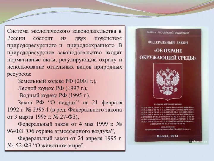 Система экологического законодательства в России состоит из двух подсистем: природоресурсного и природоохранного.