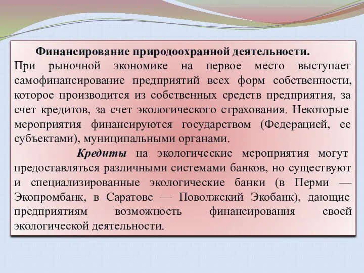 Финансирование природоохранной деятельности. При рыночной экономике на первое место выступает самофинансирование предприятий