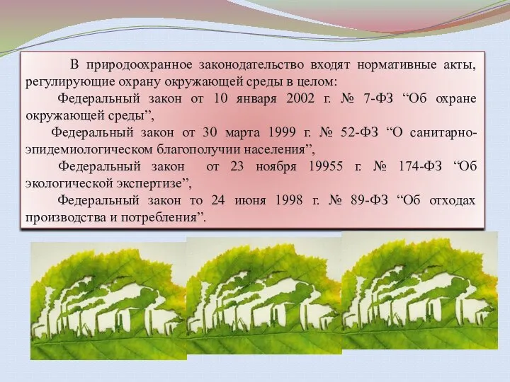 В природоохранное законодательство входят нормативные акты, регулирующие охрану окружающей среды в целом: