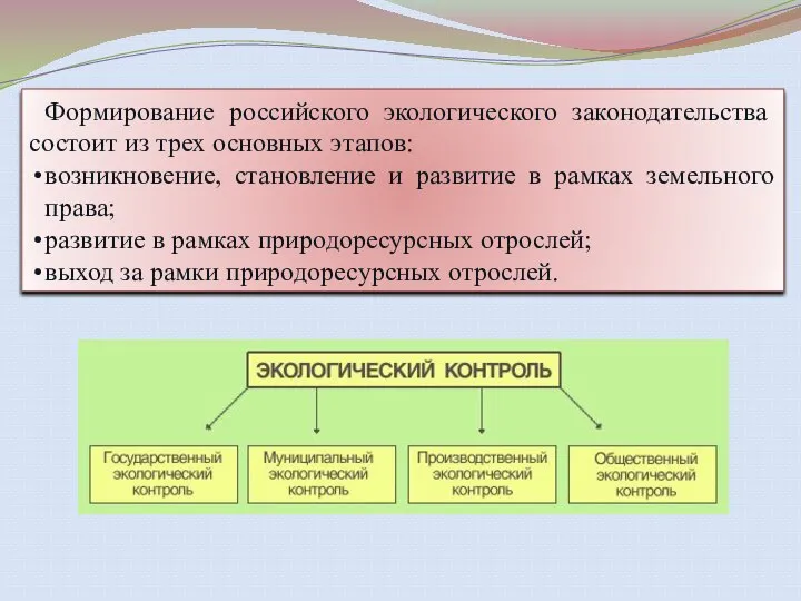 Формирование российского экологического законодательства состоит из трех основных этапов: возникновение, становление и