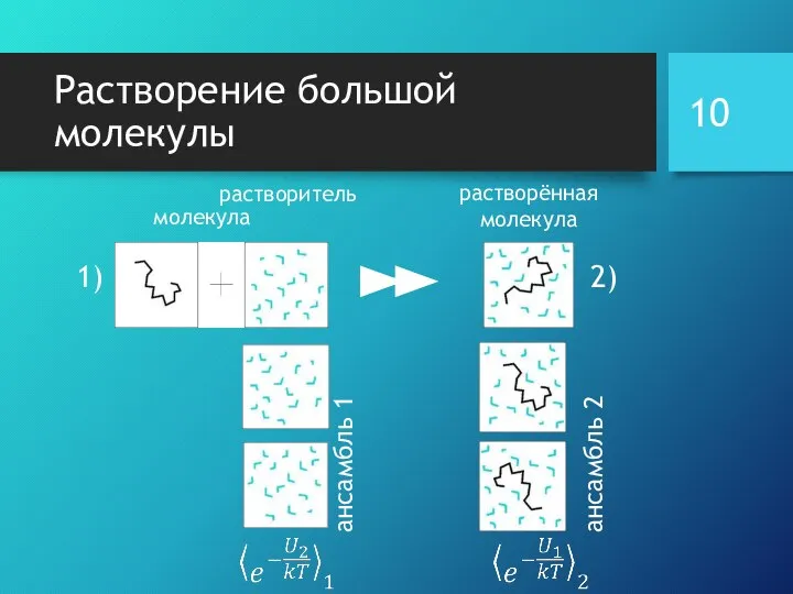 Растворение большой молекулы растворитель растворённая молекула молекула 1) 2) ансамбль 1 ансамбль 2