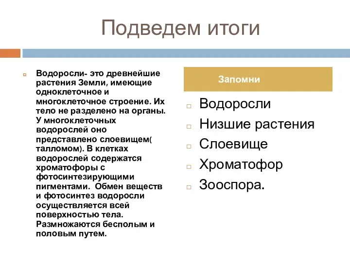 Подведем итоги Водоросли- это древнейшие растения Земли, имеющие одноклеточное и многоклеточное строение.