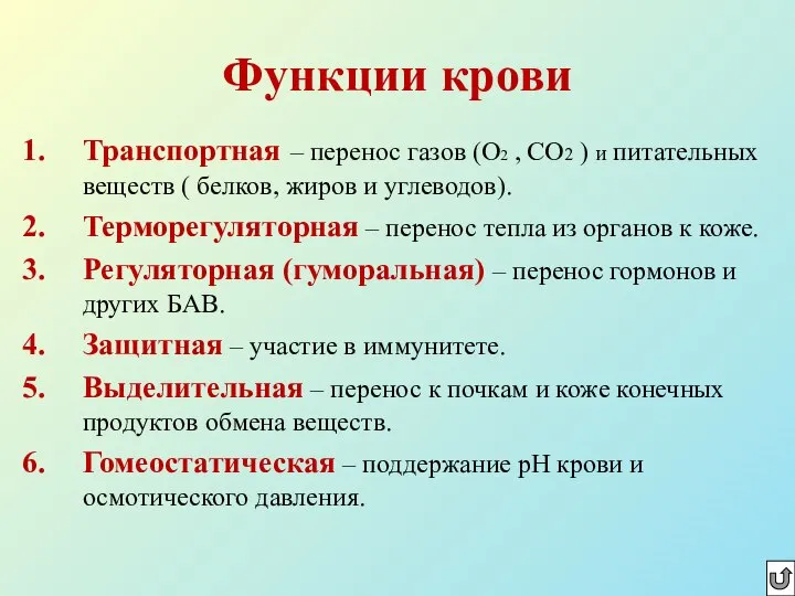 Функции крови Транспортная – перенос газов (О2 , СО2 ) и питательных