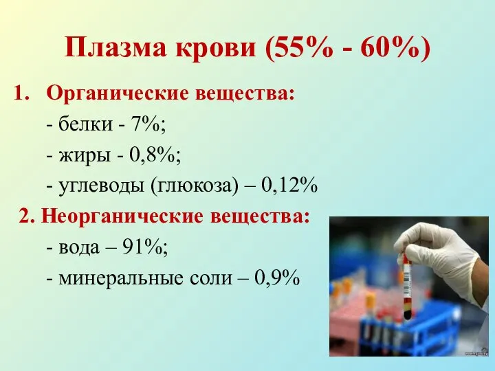 Плазма крови (55% - 60%) Органические вещества: - белки - 7%; -