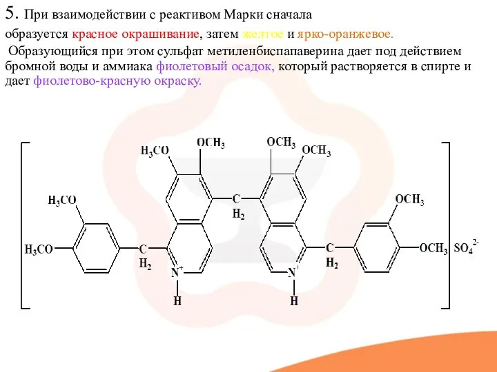 5. При взаимодействии с реактивом Марки сначала образуется красное окрашивание, затем желтое