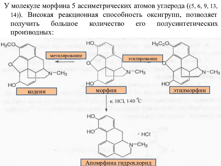 У молекуле морфина 5 ассиметрических атомов углерода ((5, 6, 9, 13, 14)).