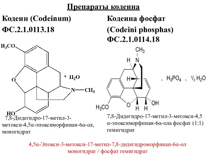 Препараты кодеина Кодеин (Codeinum) ФС.2.1.0113.18 7,8-Дидегидро-17-метил-3-метокси-4,5α-эпоксиморфинан-6α-ол, моногидрат Кодеина фосфат (Codeini phosphas) ФС.2.1.0114.18
