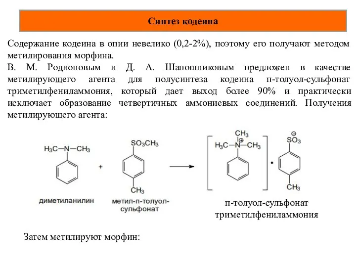 Синтез кодеина Содержание кодеина в опии невелико (0,2-2%), поэтому его получают методом