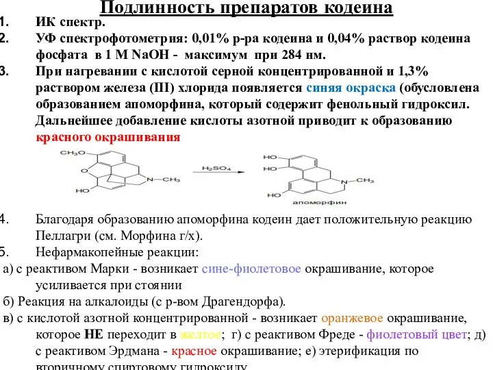 Подлинность препаратов кодеина ИК спектр. УФ спектрофотометрия: 0,01% р-ра кодеина и 0,04%
