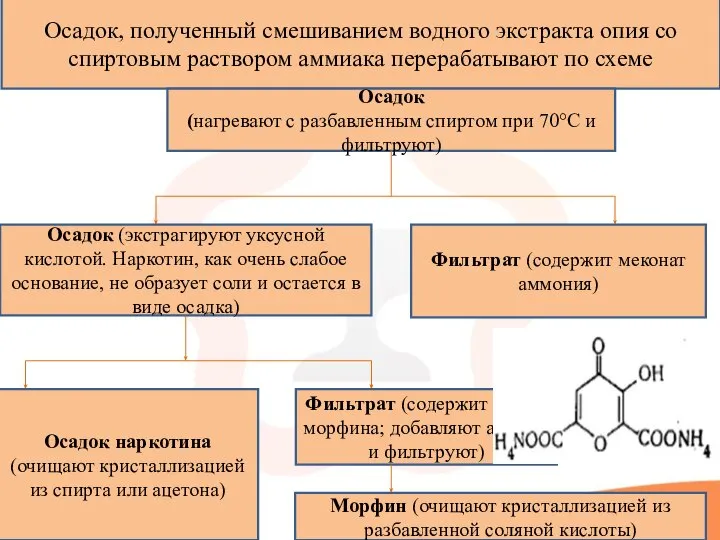 Осадок, полученный смешиванием водного экстракта опия со спиртовым раствором аммиака перерабатывают по