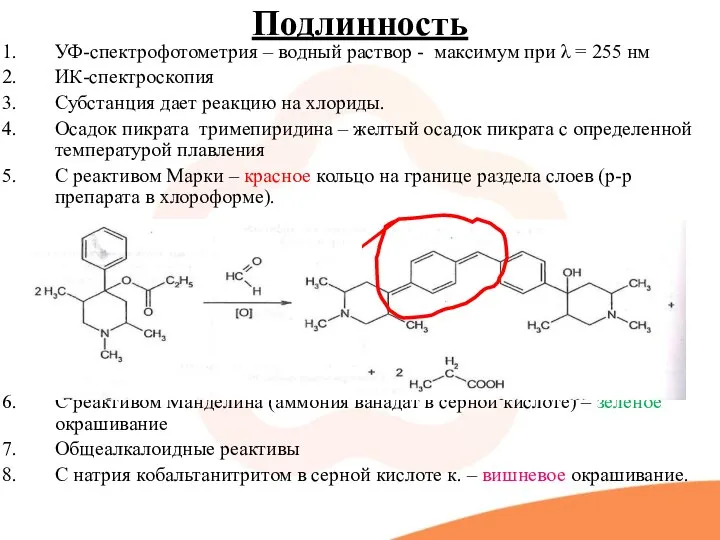 Подлинность УФ-спектрофотометрия – водный раствор - максимум при λ = 255 нм