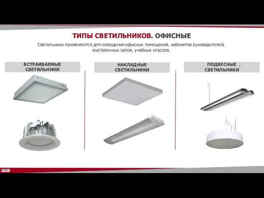 ТИПЫ СВЕТИЛЬНИКОВ. ОФИСНЫЕ Светильники применяются для освещения офисных помещений, кабинетов руководителей, выставочных