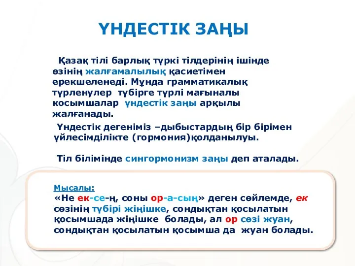 Қазақ тілі барлық түркі тілдерінің ішінде өзінің жалғамалылық қасиетімен ерекшеленеді. Мұнда грамматикалық