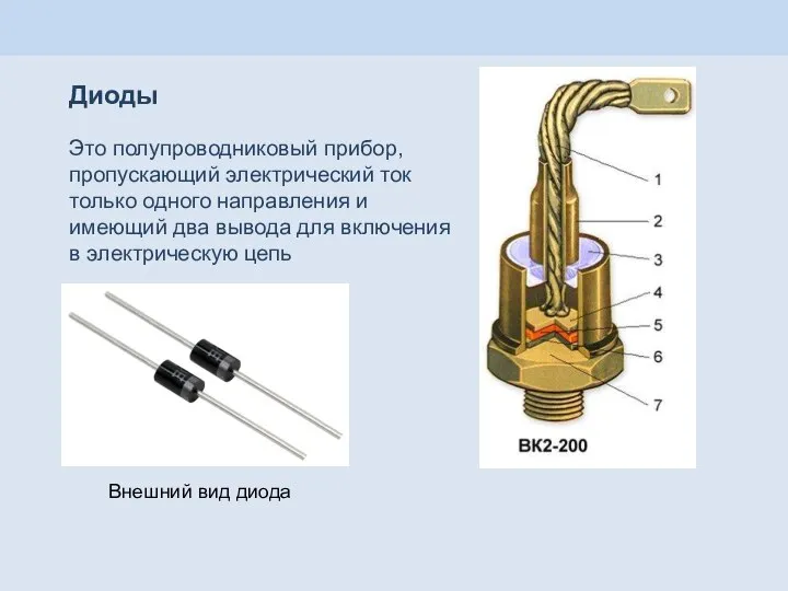 Диоды Внешний вид диода Это полупроводниковый прибор, пропускающий электрический ток только одного