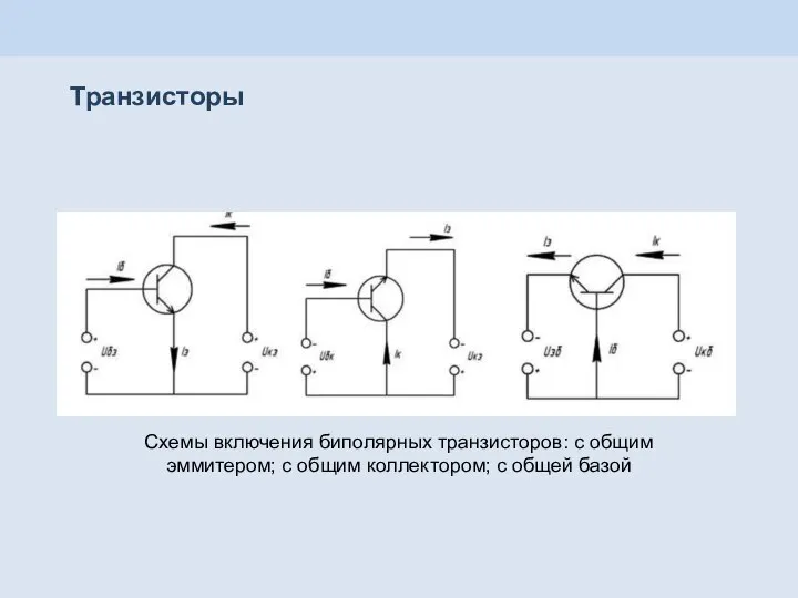 Транзисторы Схемы включения биполярных транзисторов: с общим эммитером; с общим коллектором; с общей базой