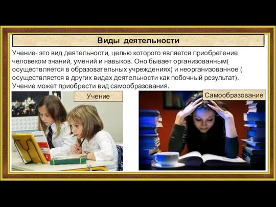 Виды деятельности Учение- это вид деятельности, целью которого является приобретение человеком знаний,