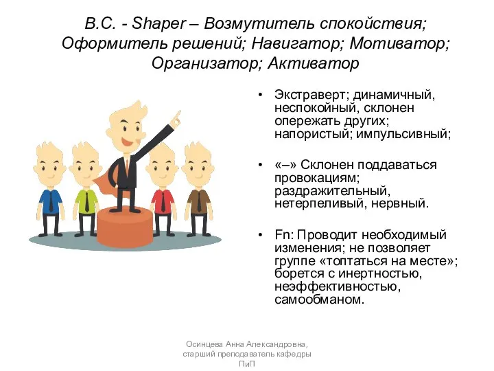 В.С. - Shaper – Возмутитель спокойствия; Оформитель решений; Навигатор; Мотиватор; Организатор; Активатор