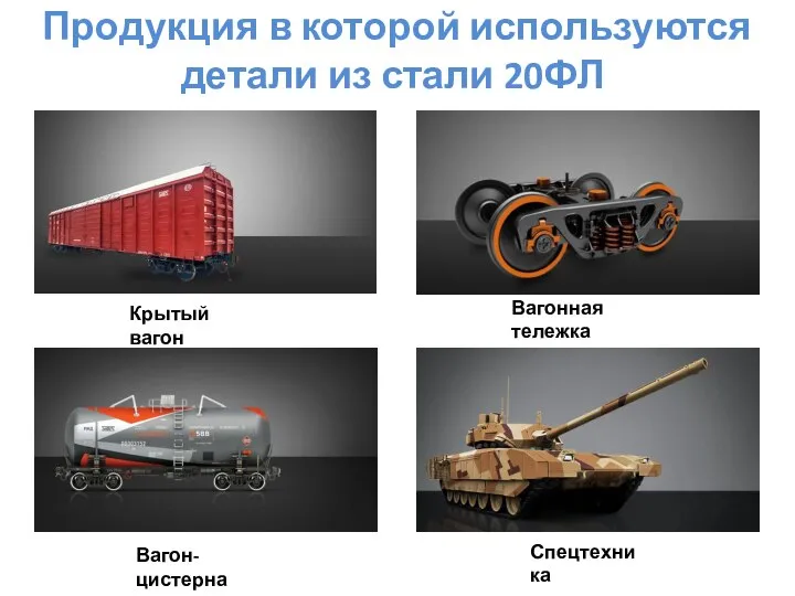 Продукция в которой используются детали из стали 20ФЛ Вагон-цистерна Крытый вагон Вагонная тележка Спецтехника