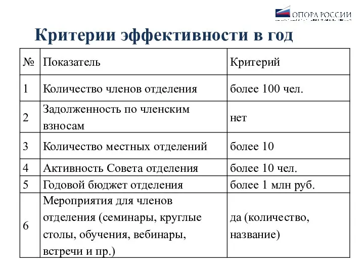 Критерии эффективности в год