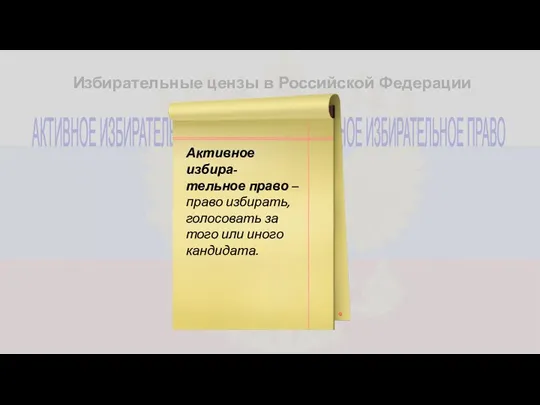 Избирательные цензы в Российской Федерации АКТИВНОЕ ИЗБИРАТЕЛЬНОЕ ПРАВО ПАССИВНОЕ ИЗБИРАТЕЛЬНОЕ ПРАВО Активное