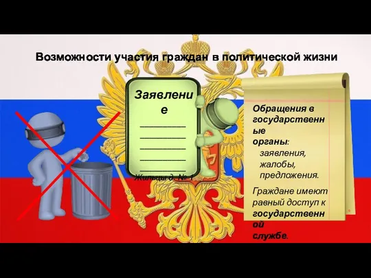 Возможности участия граждан в политической жизни Обращения в государственные органы: заявления, жалобы,