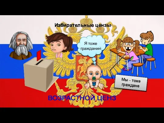 Избирательные цензы ВОЗРАСТНОЙ ЦЕНЗ Я тоже гражданин Мы – тоже граждане