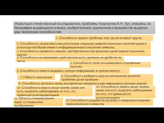 Известный отечественный исследователь проблемы творчества А.Н. Лук, опираясь на биографии выдающихся ученых,