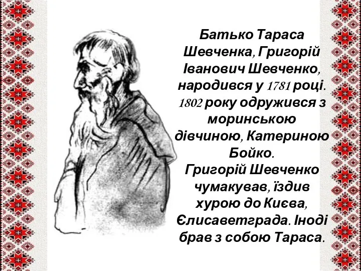 Батько Тараса Шевченка, Григорій Іванович Шевченко, народився у 1781 році. 1802 року