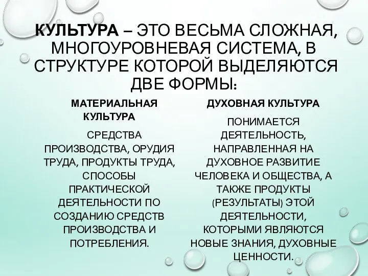 КУЛЬТУРА – ЭТО ВЕСЬМА СЛОЖНАЯ, МНОГОУРОВНЕВАЯ СИСТЕМА, В СТРУКТУРЕ КОТОРОЙ ВЫДЕЛЯЮТСЯ ДВЕ