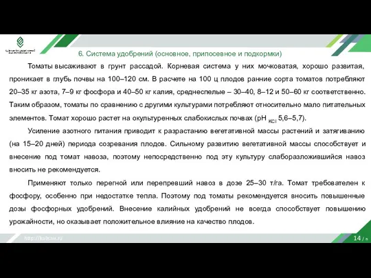 http://kubsau.ru 14 / n 6. Система удобрений (основное, припосевное и подкормки) Томаты