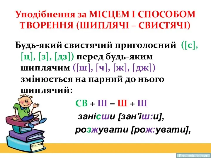 Уподібнення за МІСЦЕМ І СПОСОБОМ ТВОРЕННЯ (ШИПЛЯЧІ – СВИСТЯЧІ) Будь-який свистячий приголосний