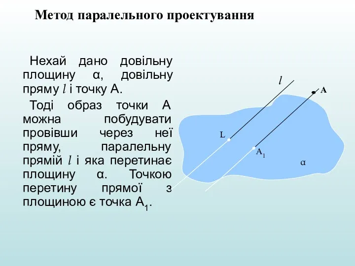 Нехай дано довільну площину α, довільну пряму l і точку А. Тоді