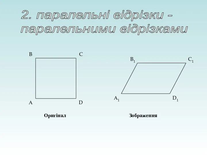 А B C D А1 B1 C1 D1 Оригінал Зображення 2. паралельні відрізки - паралельними відрізками