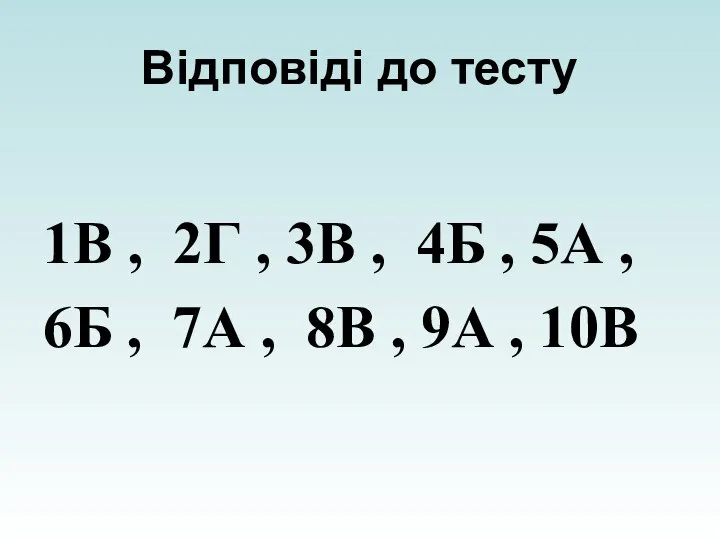 Відповіді до тесту 1В , 2Г , 3В , 4Б , 5А