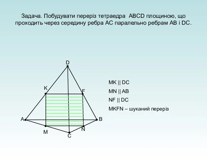 Задача. Побудувати переріз тетраедра ABCD площиною, що проходить через середину ребра АС
