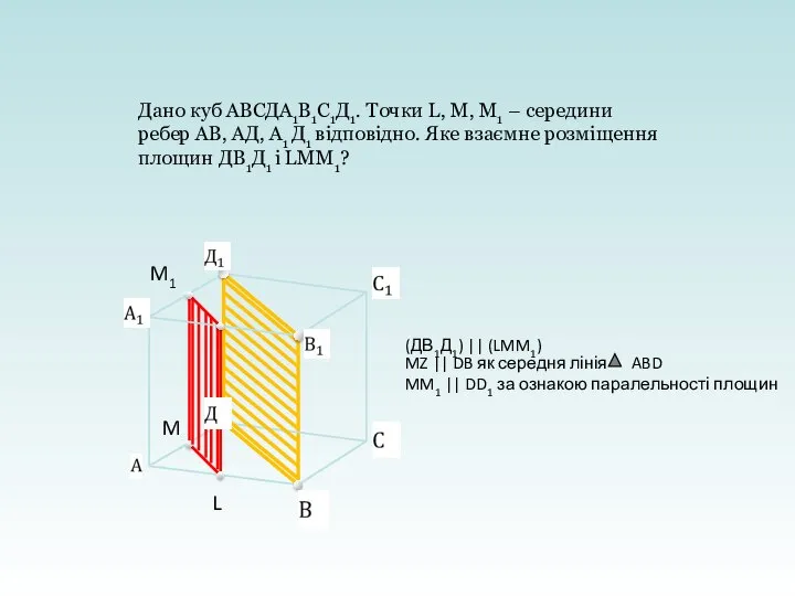 Дано куб АВСДА1В1С1Д1. Точки L, M, M1 – cередини ребер АВ, АД,