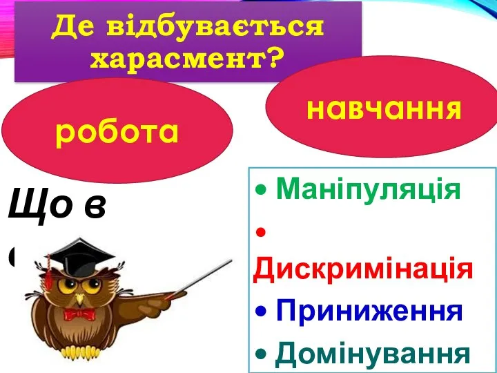 Де відбувається харасмент? робота навчання Що в основі? • Маніпуляція • Дискримінація • Приниження • Домінування