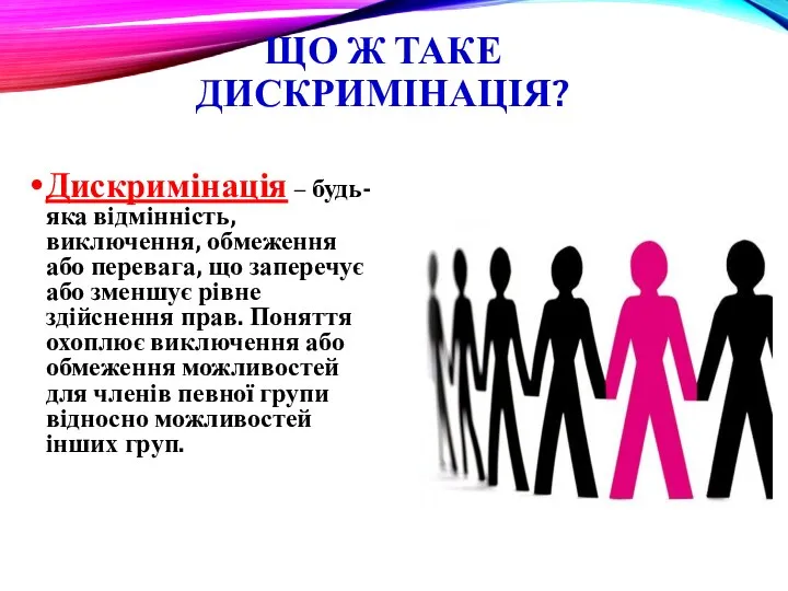 ЩО Ж ТАКЕ ДИСКРИМІНАЦІЯ? Дискримінація – будь-яка відмінність, виключення, обмеження або перевага,