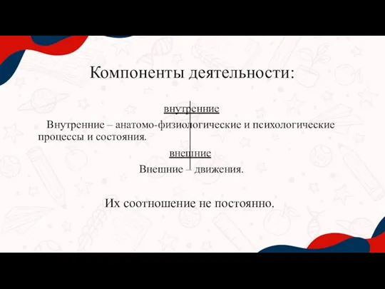 Компоненты деятельности: внутренние Внутренние – анатомо-физиологические и психологические процессы и состояния. внешние