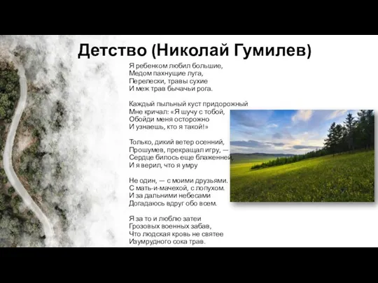 Детство (Николай Гумилев) Я ребенком любил большие, Медом пахнущие луга, Перелески, травы