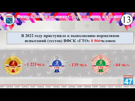 Федеральный проект «Спорт – норма жизни» 13 В 2022 году приступило к