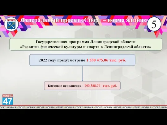 5 Федеральный проект «Спорт – норма жизни» Государственная программа Ленинградской области «Развитие