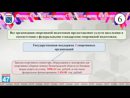 6 Федеральный проект «Спорт – норма жизни» Все организации спортивной подготовки предоставляют