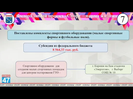 7 Федеральный проект «Спорт – норма жизни» Поставлены комплекты спортивного оборудования (малые