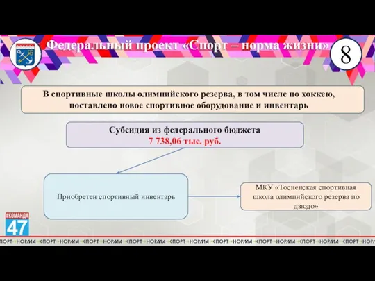 8 Федеральный проект «Спорт – норма жизни» В спортивные школы олимпийского резерва,