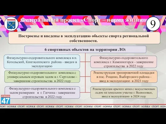 9 Федеральный проект «Спорт – норма жизни» Построены и введены в эксплуатацию