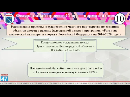 Федеральный проект «Спорт – норма жизни» Реализованы проекты государственно-частного партнерства по созданию