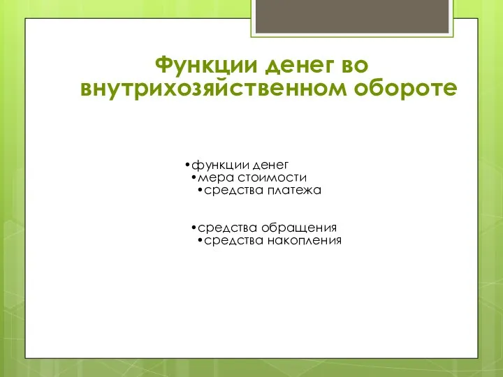 Функции денег во внутрихозяйственном обороте функции денег мера стоимости средства платежа средства обращения средства накопления