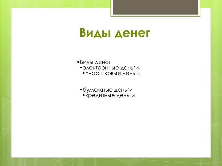 Виды денег Виды денег электронные деньги пластиковые деньги бумажные деньги кредитные деньги